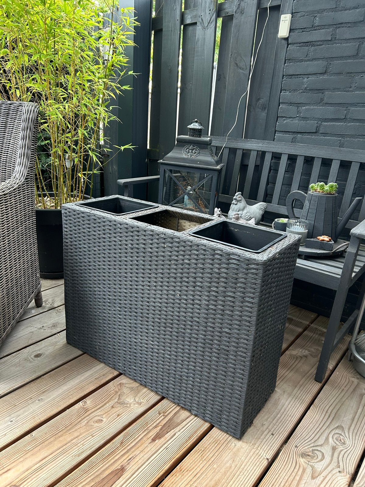 Grijze bloembak met 3 vakken - Wicker look 83x60x30 cm, Tuin en Terras, Ophalen, Kunststof, Gebruikt, Balkon