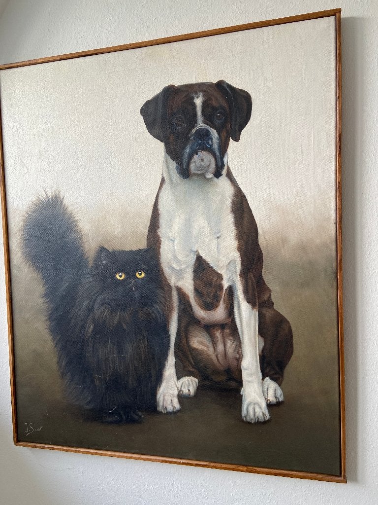 Dierenschilderij hond en kat, kunstenaar J. van Soest, Ophalen, Gebruikt, Oorspronkelijke maker, Schilderij