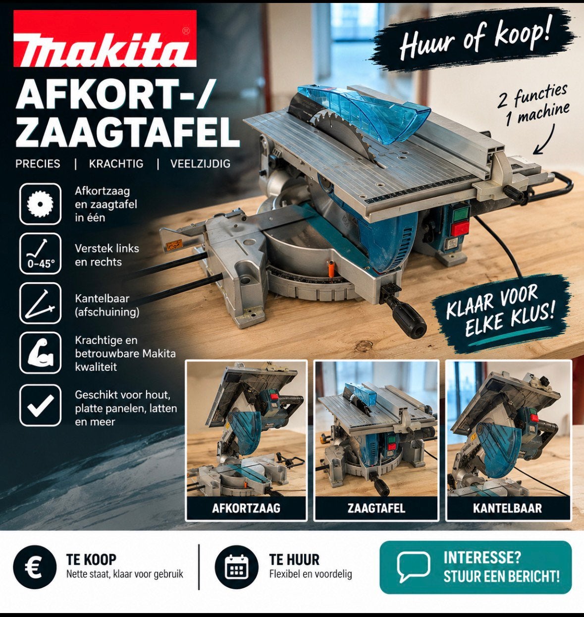 Makita LH1201FL afkortzaag / tafelzaag – TE HUUR / TE KOOP, Doe-het-zelf en Verbouw, 70 mm of meer, Ophalen of Verzenden, Zo goed als nieuw