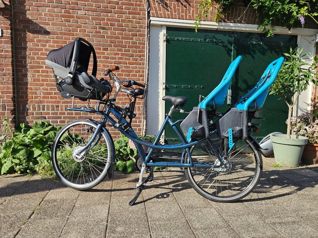 Tweelingfiets Azor met Yepp zitjes en maxi-cosidrager, 2 zitjes, Versnellingen, Trommelrem, Ophalen