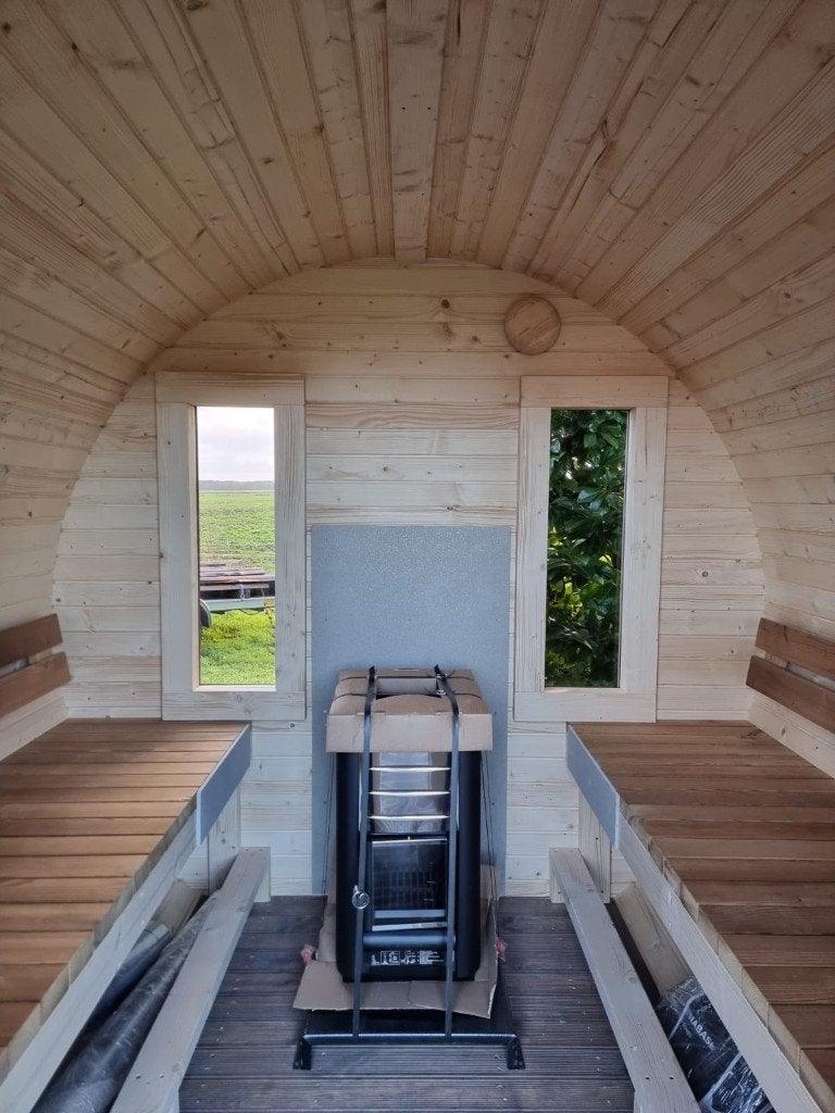 Nieuwe barrel sauna in 3m compleet met 2 achterramen!, Sport en Fitness, Sauna, Ophalen, Nieuw, Fins of Traditioneel, Complete sauna