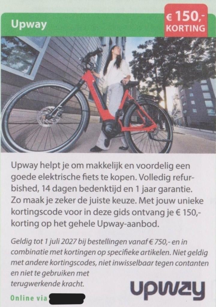 Upway elektrische fietsen. € 175,- korting. Postcode bon., Tickets en Kaartjes, Kortingen en Cadeaubonnen, Eén persoon, Warenhuis- of Winkelbon
