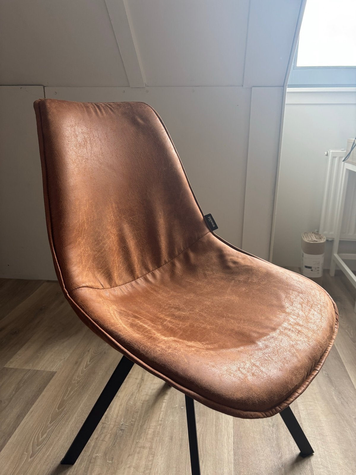 4 Woood Swen cognac eetkamerstoelen met metalen poten, Huis en Inrichting, Stoelen, Ophalen, Gebruikt, Bruin, Vier