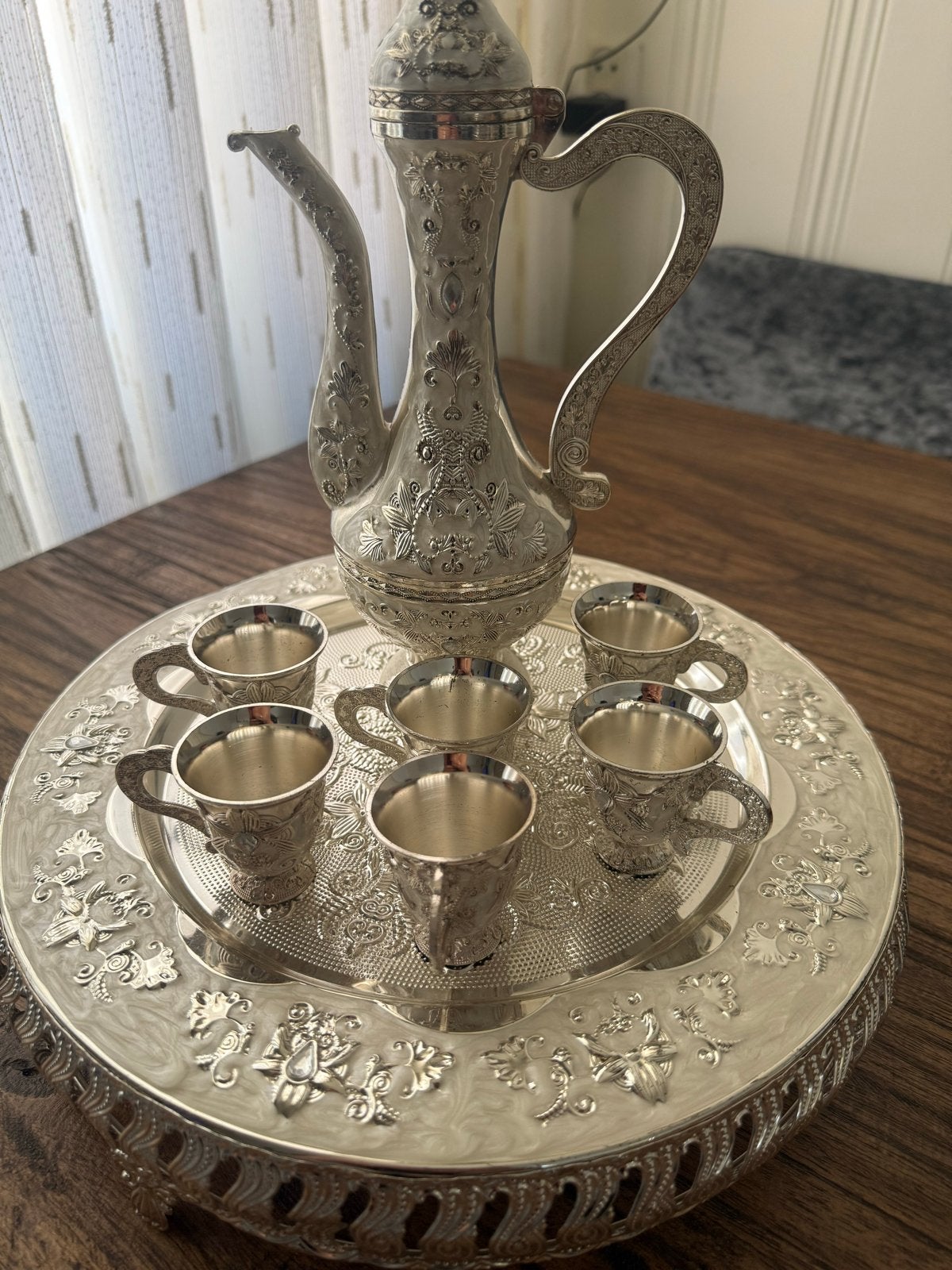 Oosterse koffie-/theeset in zilverkleur met dienblad, Ophalen of Verzenden