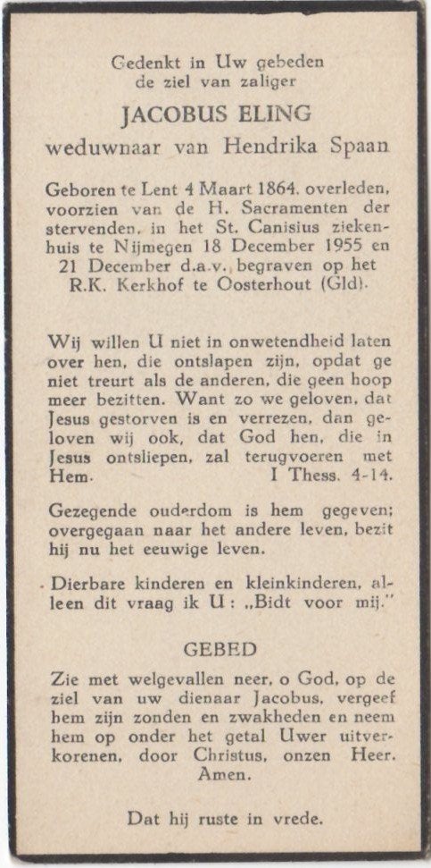 Jacobus Eling 1864 Lent + 1955 Nijmegen, 91 jaar oud, Ophalen of Verzenden