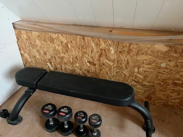 Fitnessbank (buikspierbank) met 2 sets gewichten, Sport en Fitness, Fitnessmaterialen, Ophalen, Gebruikt, Benen, Fitnessbank
