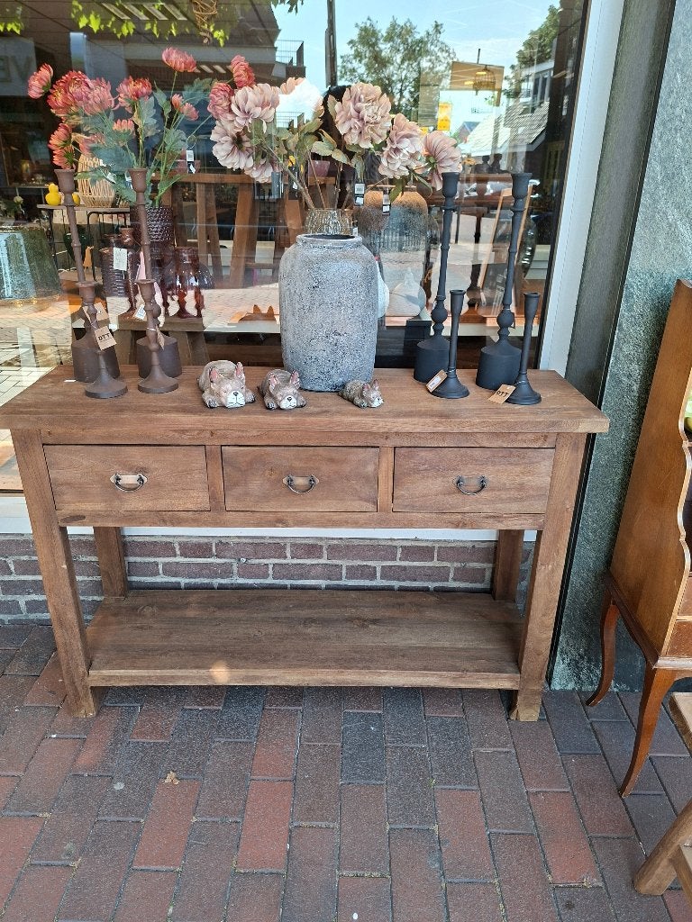 Robuust teakhouten sidetable 3 lades 1 plateau, Ophalen, 100 tot 150 cm, Teakhout, Nieuw