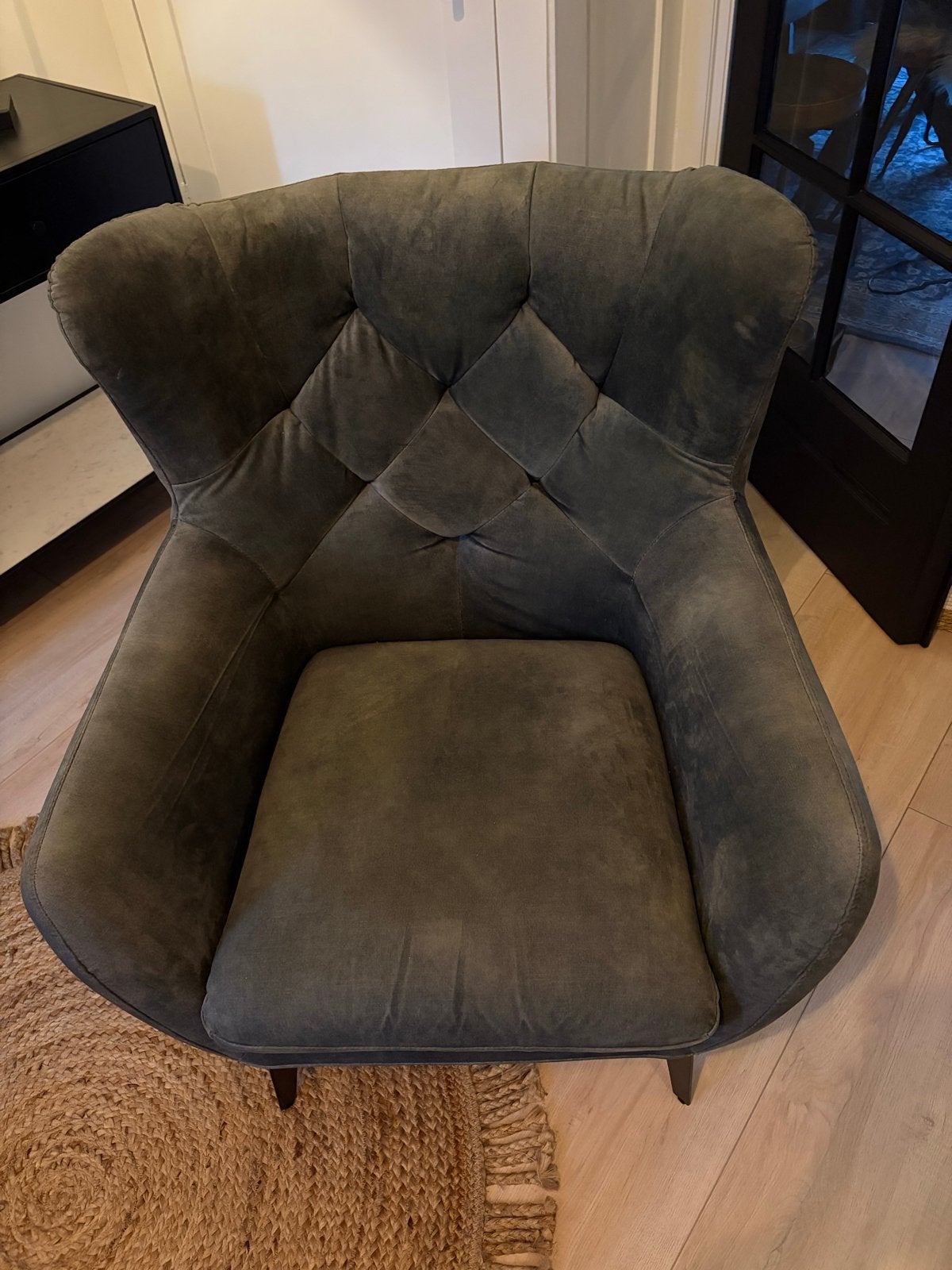 Comfortabele fauteuil in olijfgroen fluweel, Ophalen, Gebruikt, 75 tot 100 cm, Stof
