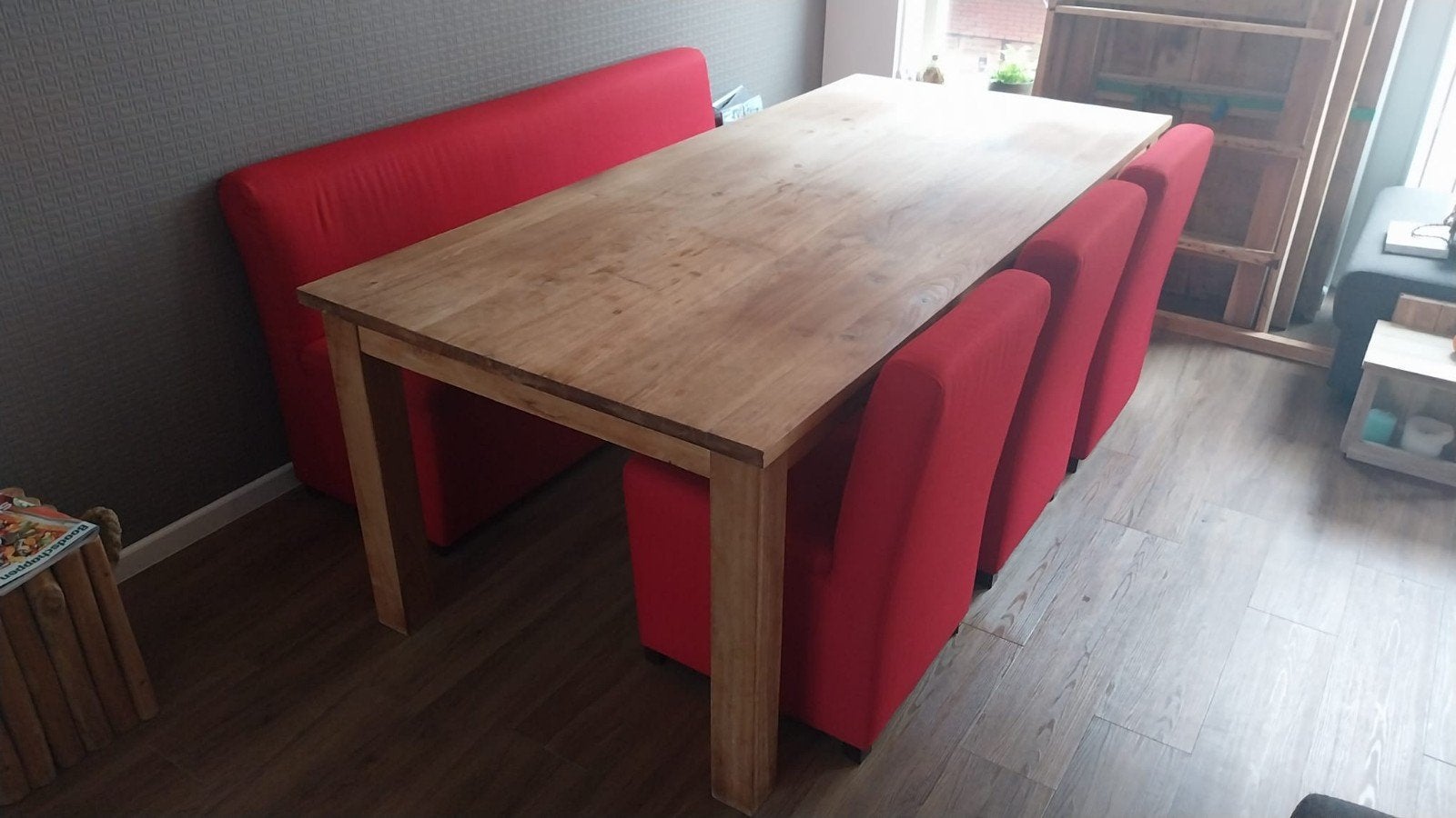 Robuuste Teak eettafel met eetbank en stoelen, Huis en Inrichting, Ophalen, Gebruikt, 200 cm of meer, 50 tot 100 cm