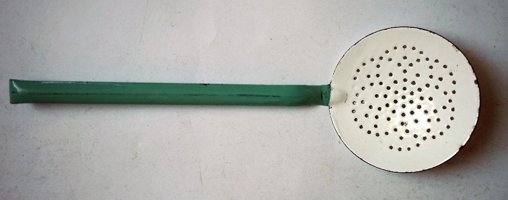 antiek emaille schuimspaan groenblauw goud metaal, Ophalen of Verzenden