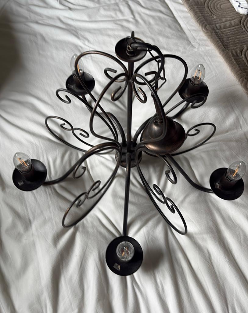 Vintage metalen hanglamp met 5 lichtpunten, Huis en Inrichting, Lampen | Kroonluchters, Ophalen of Verzenden, Gebruikt, Metaal