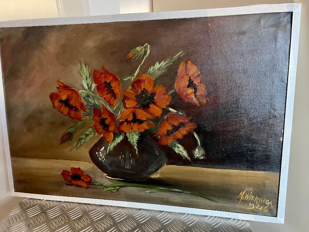 Mooie schilderij op linnen bloemen "klaproos" in een vaas, Antiek en Kunst, Ophalen, Gesigneerd, Bloemen