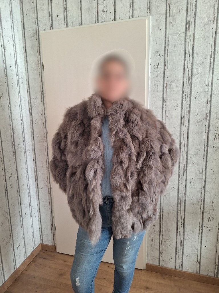 Zachte dikke grijze vos bontjas, maat L, 42-44, Kleding | Dames, Ophalen of Verzenden, Zo goed als nieuw, Maat 42/44 (L), Grijs