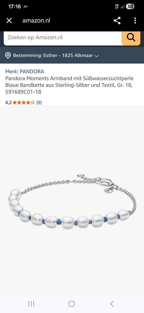 Pandora Moments Armband met Zoetwaterparels en Blauw Koord, Ophalen, Nieuw, Blauw, Zilver