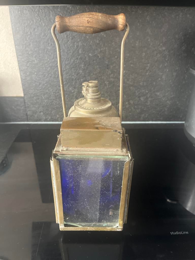 Antieke messing lantaarn met blauw glas, Ophalen of Verzenden, Gebruikt