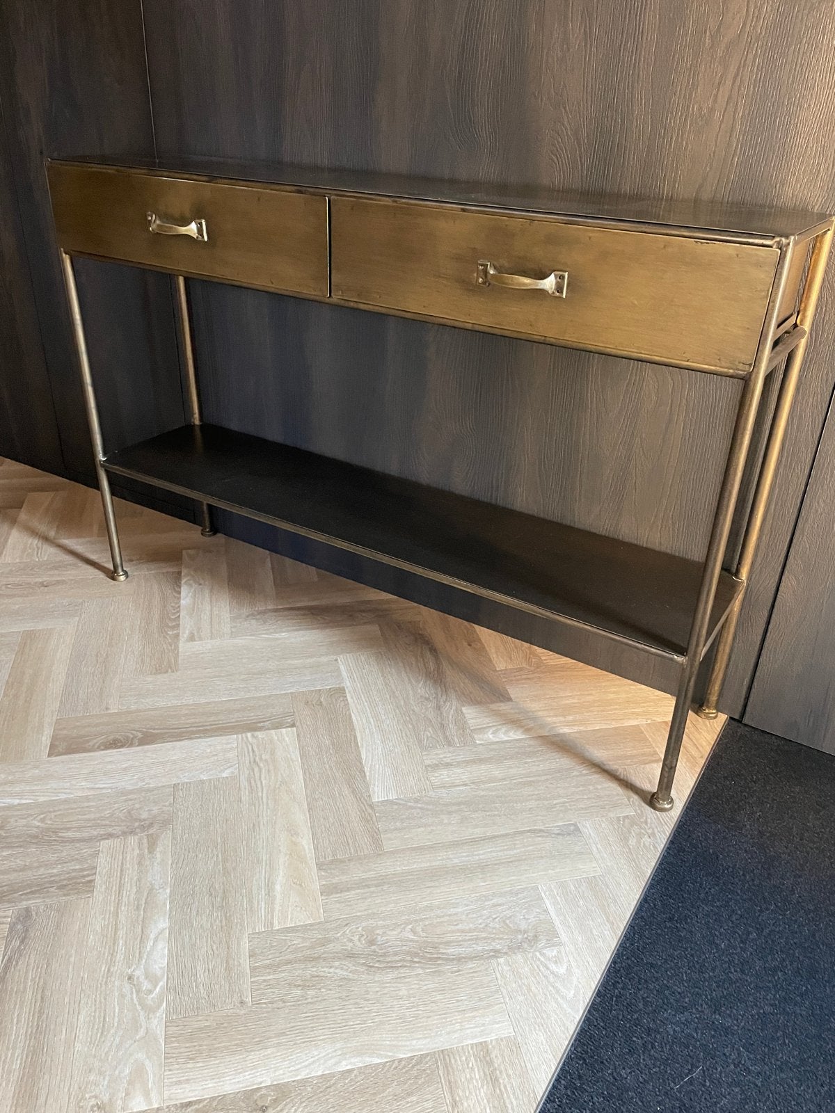 Stijlvolle side-table met lades - Goudkleurig metaal, Huis en Inrichting, Ophalen, 100 tot 150 cm, Zo goed als nieuw, Metaal