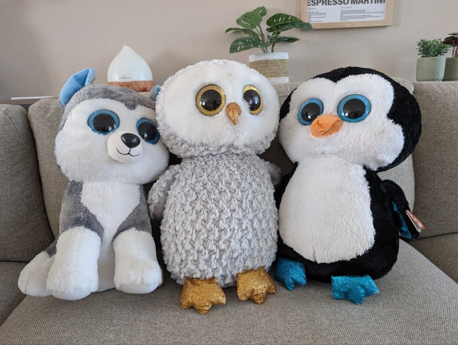 Set van 3 XL Ty Beanie Boo's: Husky, Uil en Pinguïn, Middelgroot (20 tot 80 cm), Ty, Hond, Ophalen of Verzenden