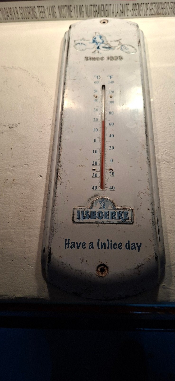 Unieke Thermometer ijsboerke 43 cm blik, Ophalen of Verzenden, Gebruikt, Reclamebord