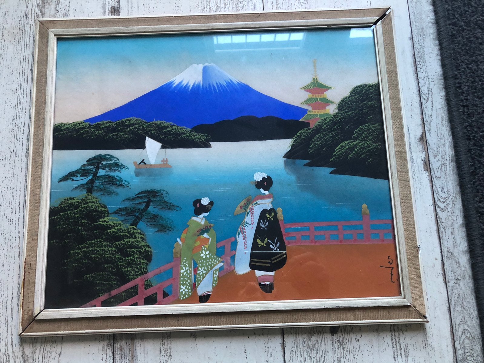 Een bijzonder doekje uit Japan. Op zijde geschilderd!!, Schilderij, 38 cm, Japan, Gesigneerd