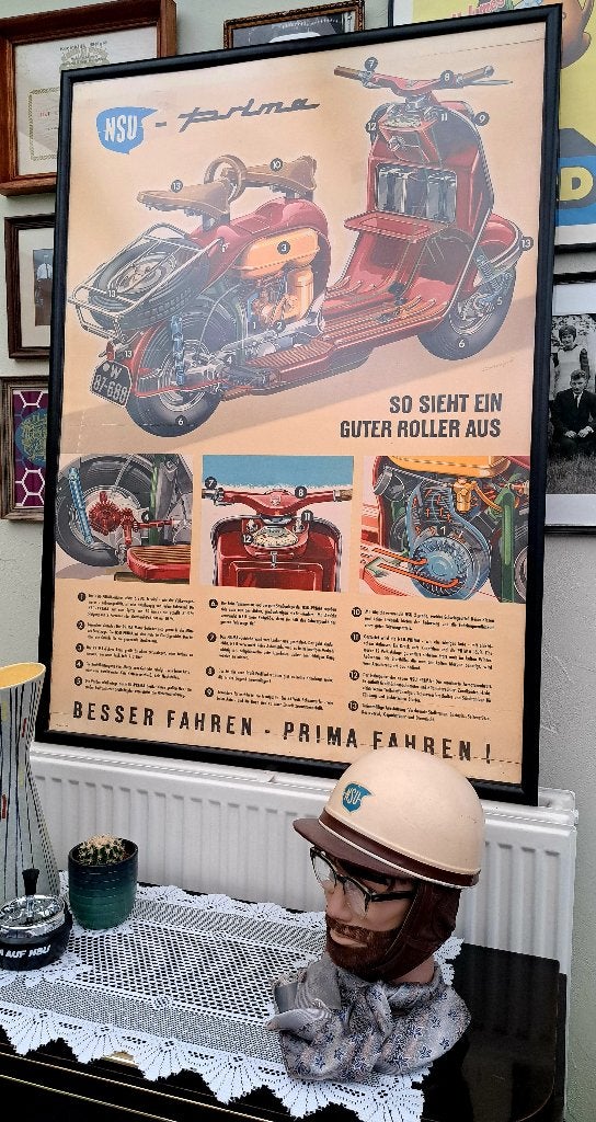 NSU Prima showroom poster A0 1956 - TOP reproductie, Rechthoekig Staand, Deurposter of groter, Nieuw, Ophalen of Verzenden