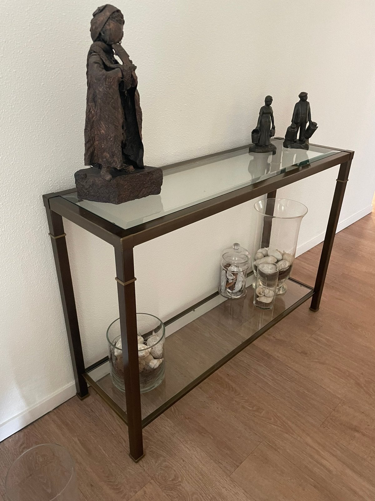 Messing side table, Ophalen, 100 tot 150 cm, Glas, Zo goed als nieuw