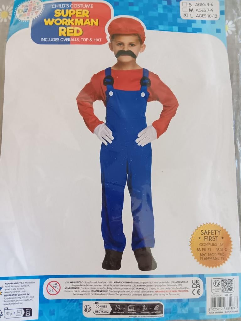 Super mario verkleedpak 10-12 jaar z.g.a.n., Ophalen of Verzenden, Zo goed als nieuw, 146 t/m 152, Jongen of Meisje