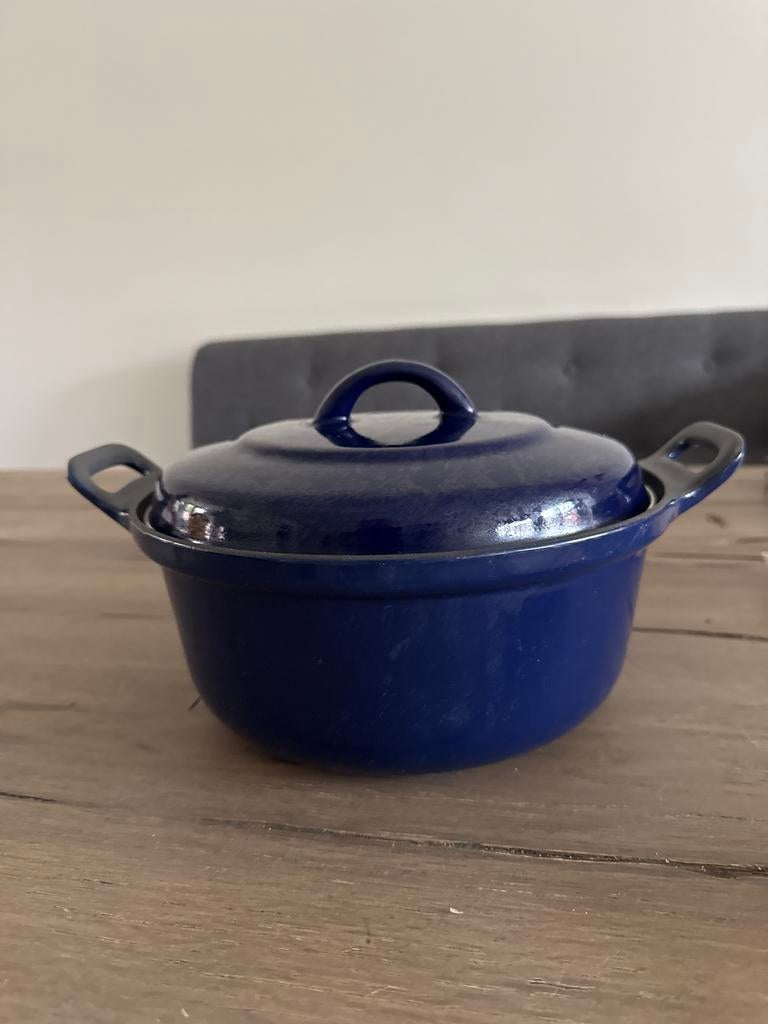 Blauwe gietijzeren braadpan met deksel, Ophalen of Verzenden, Gebruikt, Gietijzer, Koekenpan of Braadpan