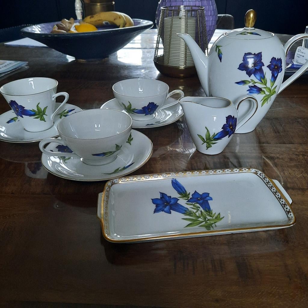 Prachtig vintage  theeservies met gentiaan bloemen, Ophalen of Verzenden, Zo goed als nieuw, Overige stijlen, Kop(pen) en/of Schotel(s)