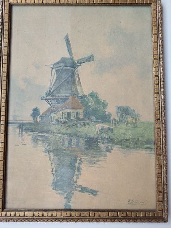 Antieke aquarel: Hollandse molen aan het water, gesigneerd, Ophalen