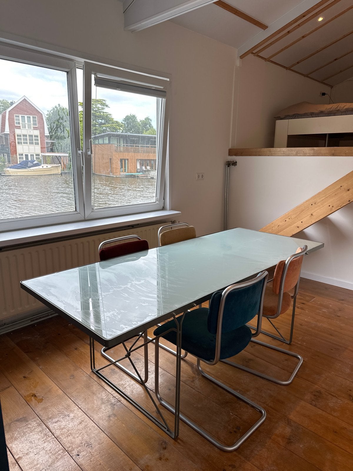 Moderne tafel met glazen blad Moment IKEA & 4 GISPEN stoelen, Gebruikt, Glas, 150 tot 200 cm, Vier personen