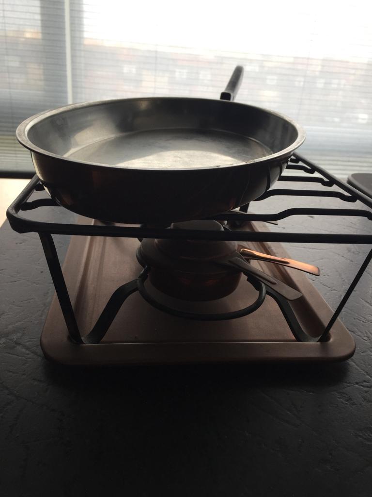 Mooie flambeerpan incl. 2 spiritusbranders, Ophalen, Gebruikt, Rvs, Koekenpan of Braadpan