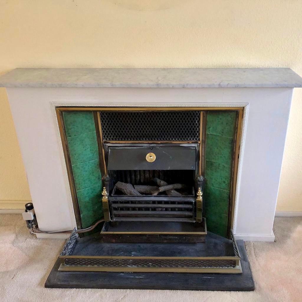 Vintage Gashaard met Marmeren Schouw - Groen/Goud, Ophalen, Gebruikt, Inbouwhaard, Gashaard
