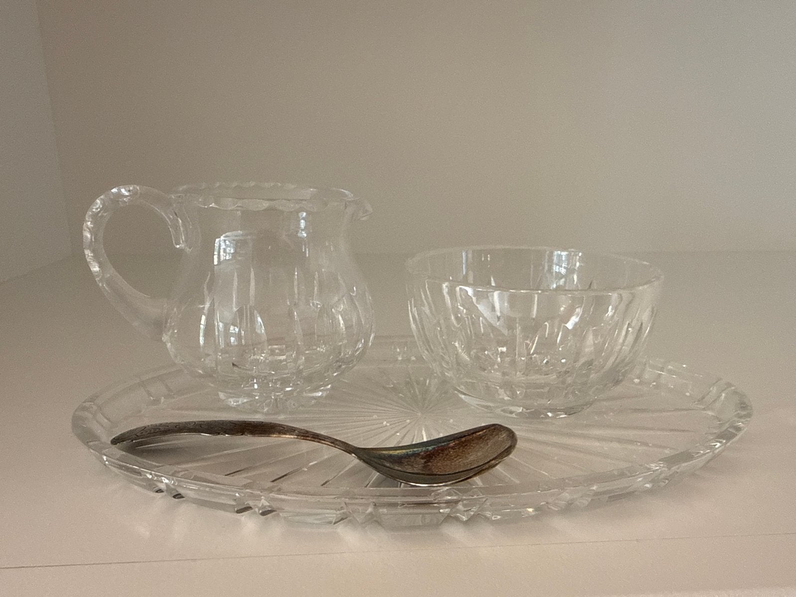 Vintage kristallen melkkan, suikerpot en schaal, Antiek en Kunst, Ophalen