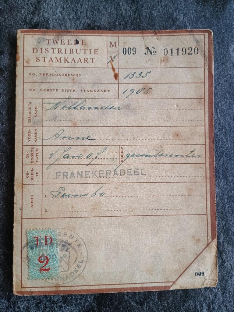 Te Koop, Distributie stamkaarten Franekeradeel, Verzamelen, Militaria | Tweede Wereldoorlog, Ophalen of Verzenden, Nederland
