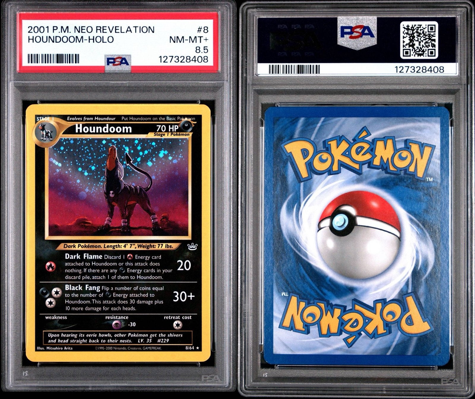 Houndoom | Neo Revelations | Holo | PSA 8.5 Near Mint +, Ophalen, Zo goed als nieuw, Losse kaart