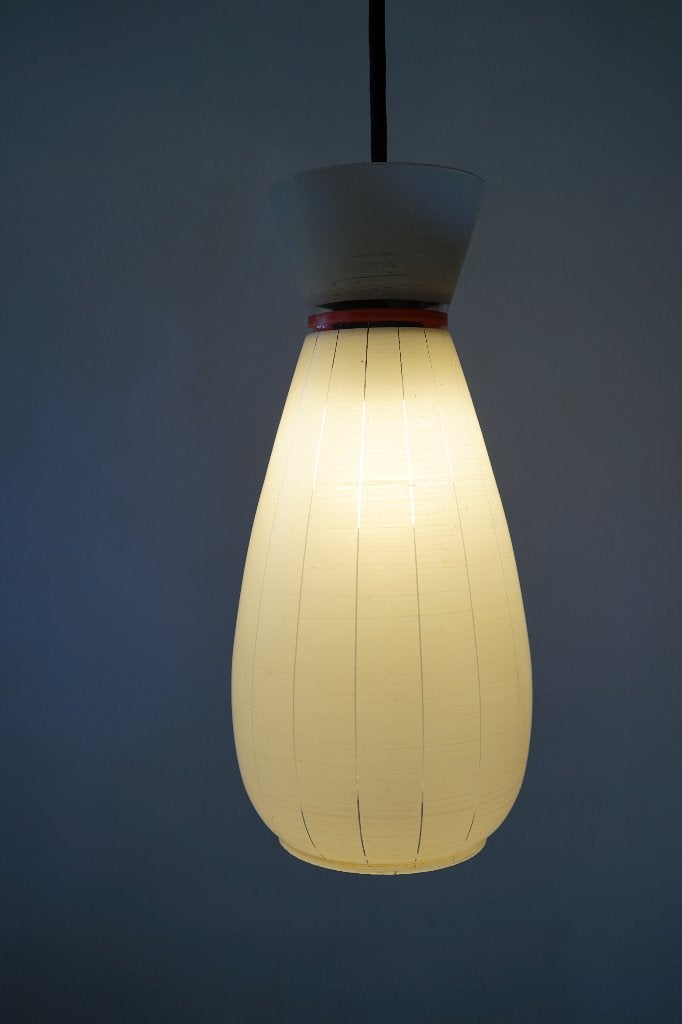 Vintage hanglamp glas mat streeppatroon crème zwart rood, Gebruikt, Textiel, Vintage, E27 (groot)