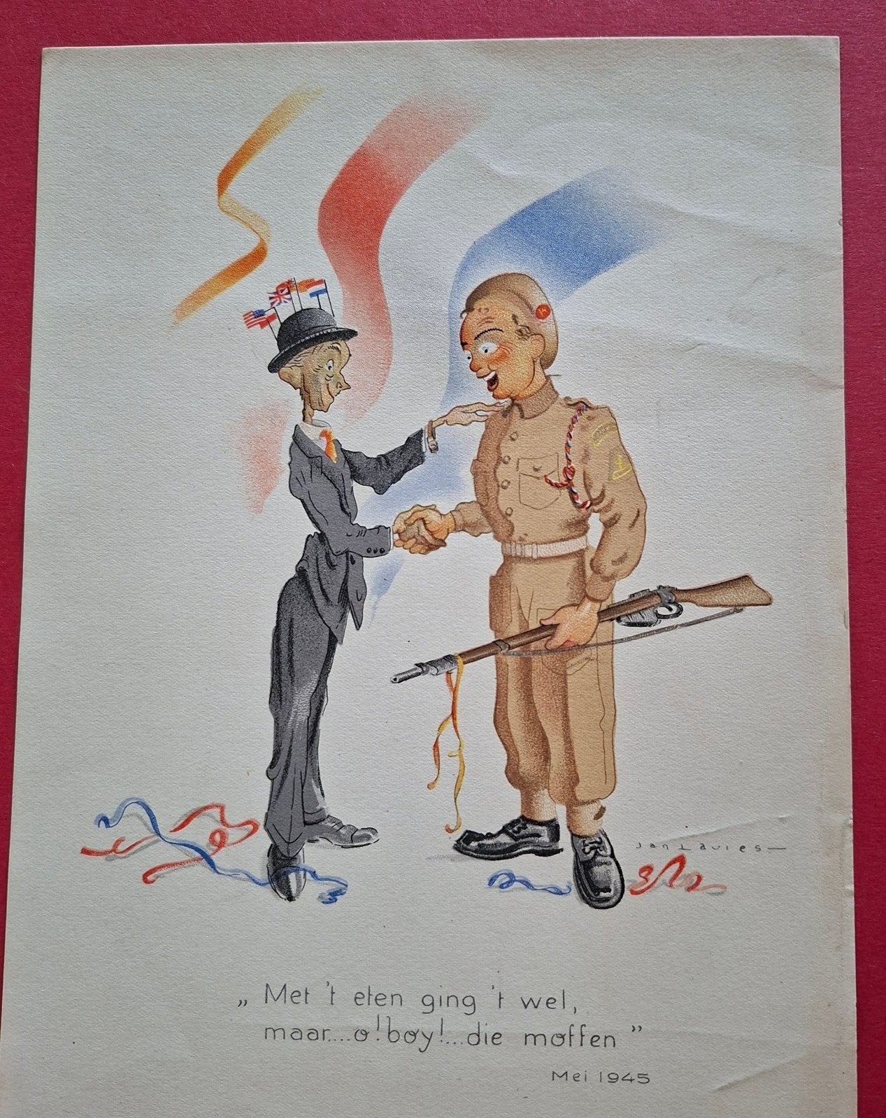 WO II spotprent mei 1945 uitg. Ned boekenclub Den Haag, Ophalen of Verzenden, Overige soorten, Nederland, Foto of Poster