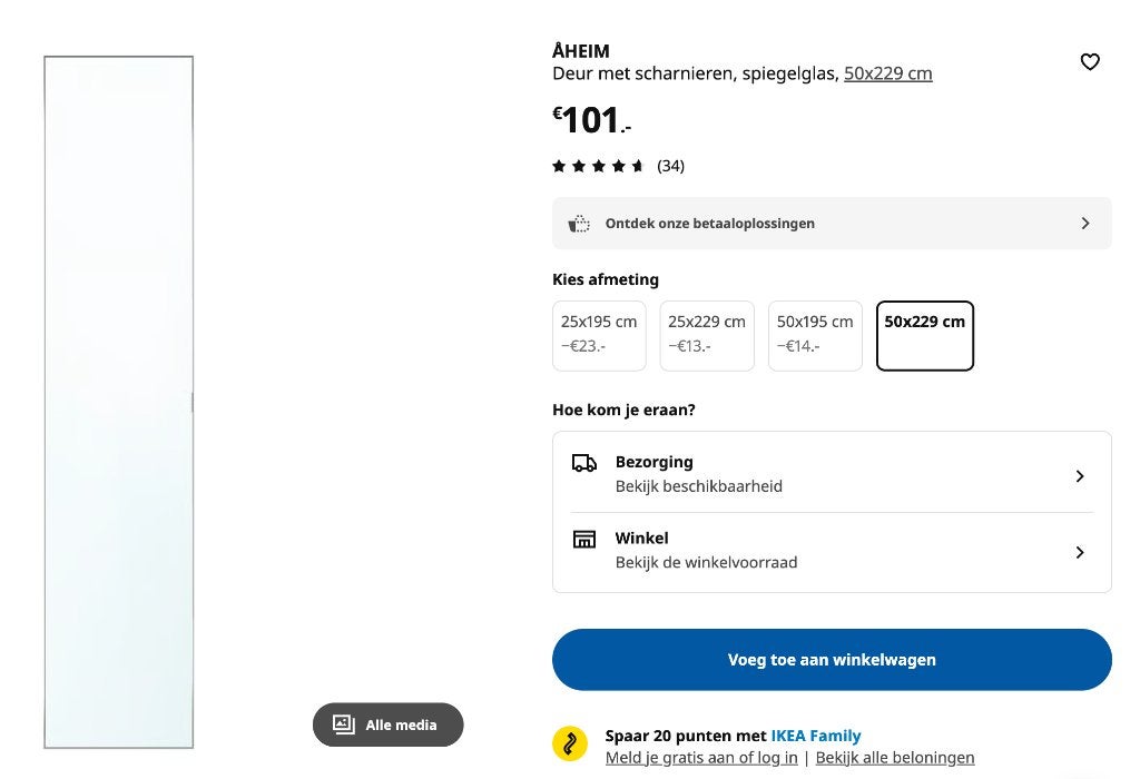 Ikea Aheim spiegeldeur NIEUW, Huis en Inrichting, Ophalen, Nieuw, 50 tot 100 cm, Minder dan 25 cm