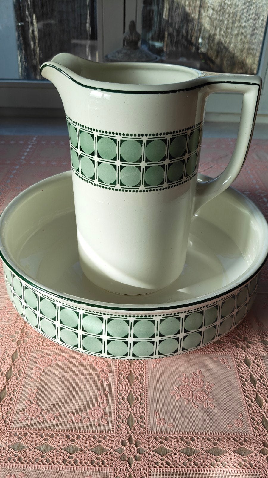 Antieke waskom en kan set - Groen geometrisch patroon, Antiek en Kunst, Ophalen