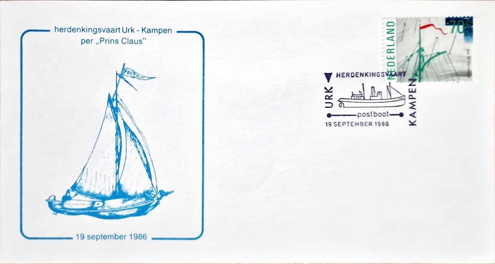 Herdenkingsvaart Urk - Kampen per "Prins Claus" 1986, Postzegels en Munten, Ophalen of Verzenden, Beschreven, Nederland