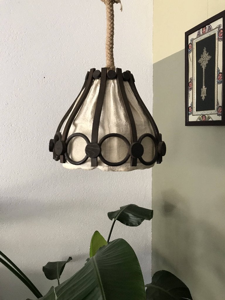 Vintage hanglamp Manou bamboe stof, Ophalen of Verzenden, Gebruikt, Hout, Vintage