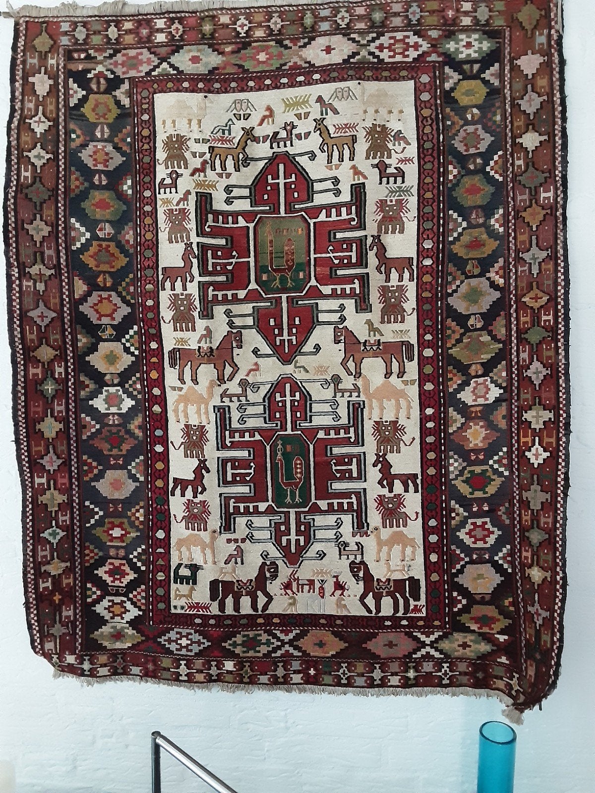 Vintage Perzisch  zijde tapijt met dierenmotieven, Huis en Inrichting, Stoffering | Tapijten en Kleden, Gebruikt, 100 tot 150 cm