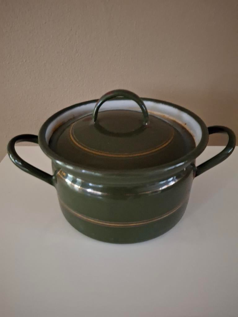 Vintage Donkergroene Emaille Pan met Deksel, Antiek en Kunst, Ophalen of Verzenden