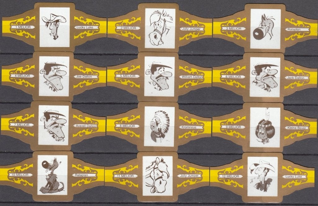 Sigarenbandjes van Lucky Luke, serie Melior 1-12 geel-goud, Verzamelen, Ophalen of Verzenden, Nieuw, Sigarenbandjes