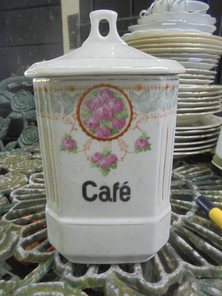 Brocante Voorraadpot "CAFE" met roze roosjes en guirlande, Ophalen of Verzenden