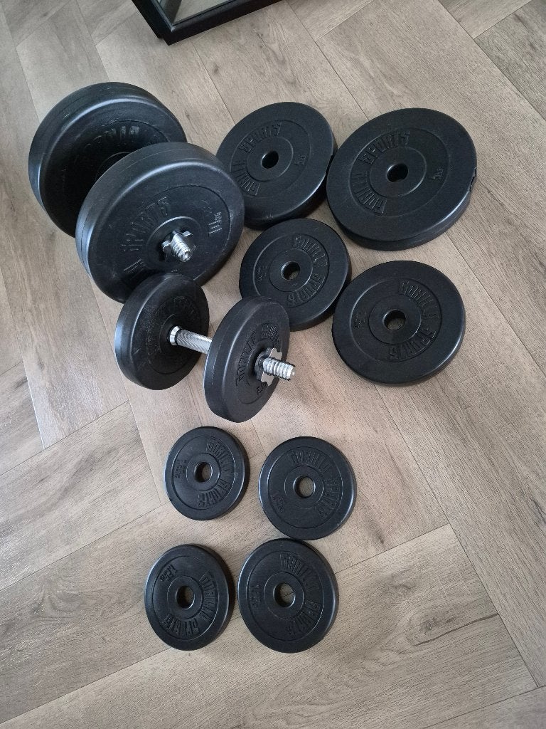 Gorilla halterschijven met set dumbell stangen totaal 45 kg, Sport en Fitness, Fitnessmaterialen, Ophalen, Gebruikt, Halterset