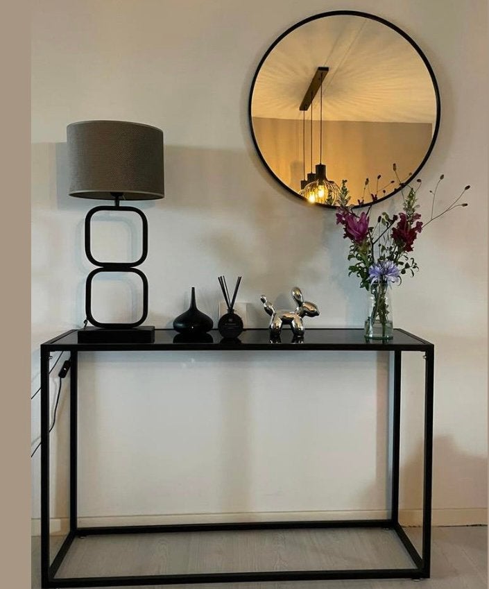 Moderne Zwarte Sidetable met Glazen Blad, Huis en Inrichting, Tafels | Sidetables, Ophalen, 50 tot 100 cm, Zo goed als nieuw, Metaal