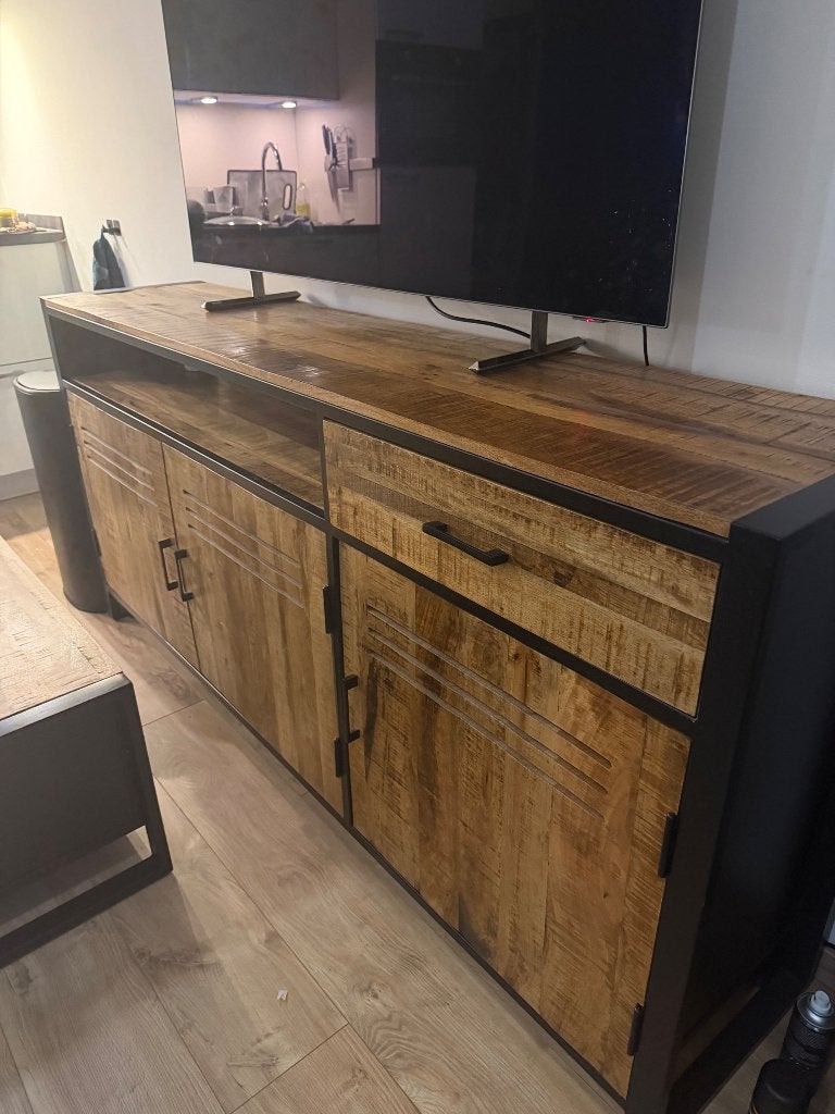 Dressoir mangohout, Ophalen, 150 tot 200 cm, Zo goed als nieuw, 25 tot 50 cm