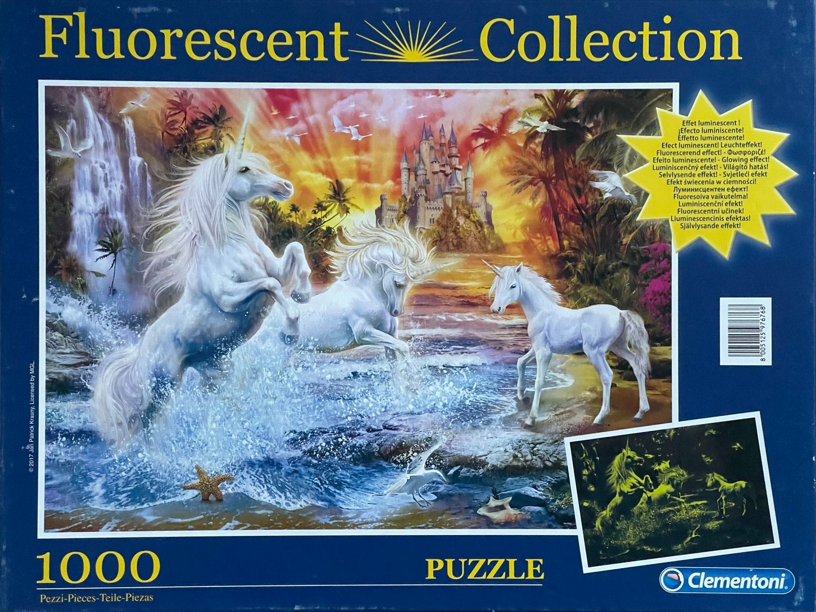 Clementoni Fluorescent Puzzel 1000 stukjes - Wild Unicorns, Ophalen of Verzenden, 500 t/m 1500 stukjes, Zo goed als nieuw, Legpuzzel