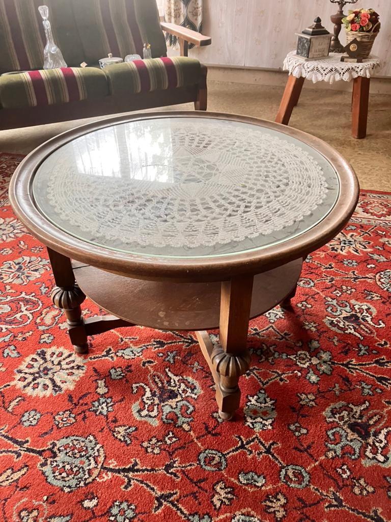 Oud rond tafeltje met glasplaat, Ophalen, Gebruikt, 50 tot 100 cm, 50 tot 75 cm